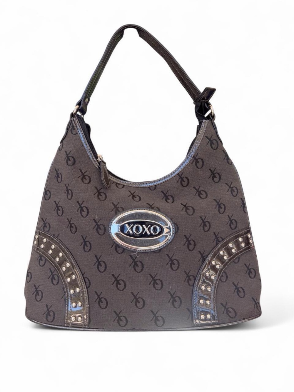 XOXO Brown Logo Shoulder Bag with Stud Accents